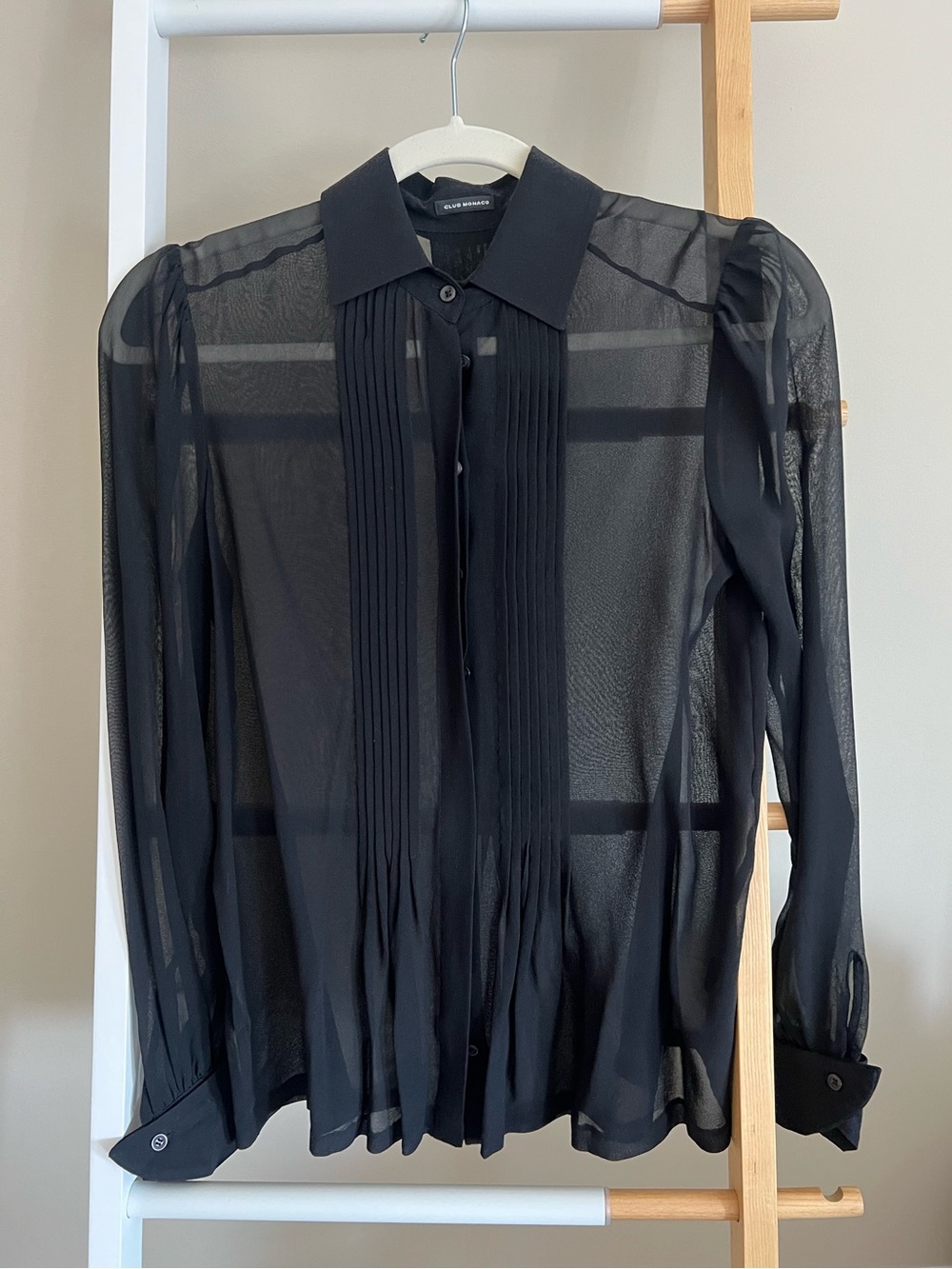 NWOT Club Monaco Black Sheer Pintuck Blouse 100% Silk